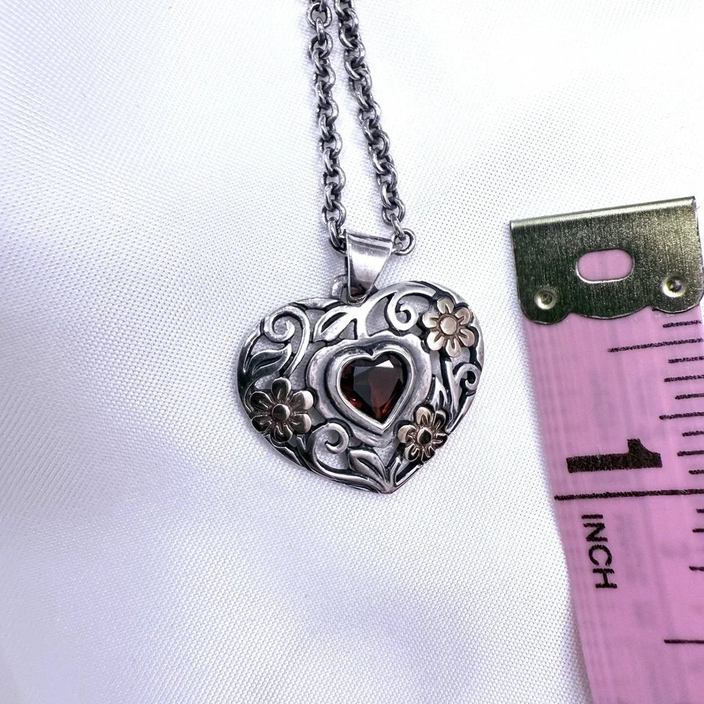 Retired James Avery‎ Garnet Heart Necklace Silver Gold Jewel Classic Preppy